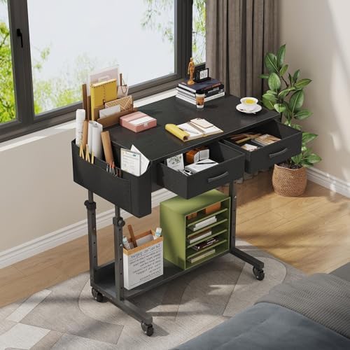 Small Portable Rolling Standing Desk - 32 Inch Adjustable Mobile Stand Up Gaming Desks with 2 Fabric Drawers on Wheels, Couch Sofa Side Laptop Table with Storage for Home Office, Black - Image 4