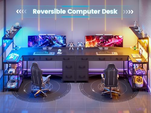 SEDETA L Shaped Gaming Desk, 47.2" Reversible Small Computer Desk with 5 Drawers and Storage Shelves, Corner Gaming Desk with LED Lights and Power Outlet, Black - Image 3