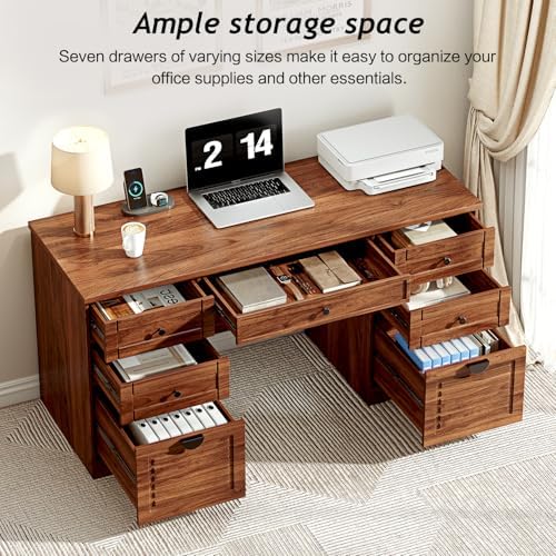 Ieejdn 59" Home Office Desks, Executive Desk, Farmhouse Computer Desk with 7 Drawers and Charging Station, File Drawer, Rustic Computer Writing Desk,Antique Chestnut - Image 3