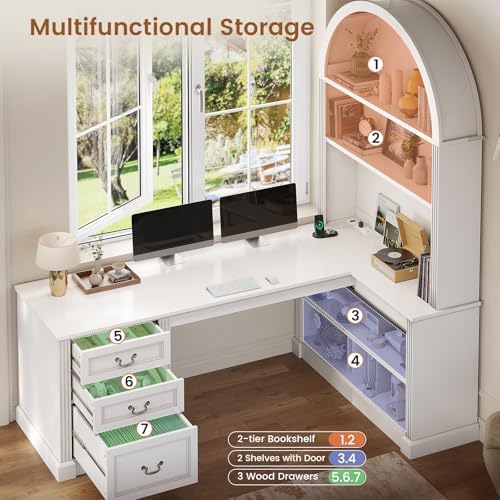SEDETA 67" L Shaped Desk with Tall Arched Bookshelf & 3 Drawers Storage - Image 5