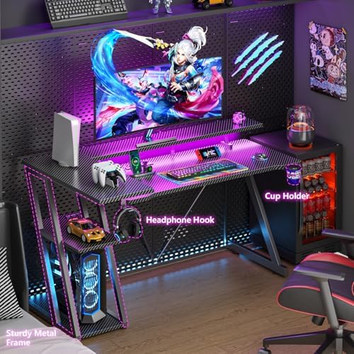 Korfile 55 Inch Gaming Desk with Power Outlet & LED Lights, L Shaped Gamer Computer Table with Storage Shelves for Bedroom, Corner Home Office Desk, Carbon Fiber Black - Image 6