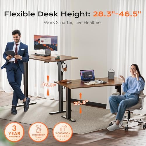 Huuger 55 x 28 Large Electric Standing Desk, Height Adjustable Computer Desk, 27.6" Deep Desktop, Stand up Gaming Office Desk with 2 Hooks, 3 Preset Heights, for Home Office, Rustic Brown - Image 3