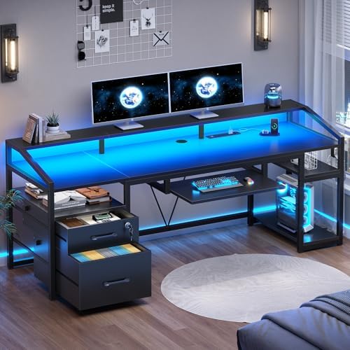 SEDETA 63" Computer Desk, Office Desk with Lockable Drawers for Legal/Letter File, Gaming Desk with LED Lights & Power Outlet, Home Office Desks with Storage, Black by SEDETA