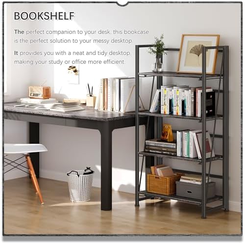 4NM No Assembly Folding Bookshelf Storage Shelves 4 Tier Vintage Bookcase Standing Racks Study Organizer Home Office - Image 3