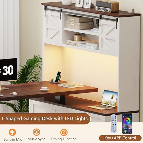 71" LED L Shaped Standing Desk with Hutch and Drawers White - Image 5