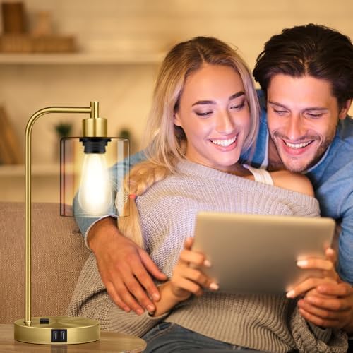 Nintiue Industrial Touch Table Lamps Set of 2-2 USB Ports & AC Outlet Nightstand Lamps, 3-Way Dimmable Bedside Desk Lamp for Living Room Bedroom, Glass Shade & 2 LED Bulbs Included - Brass - Image 6