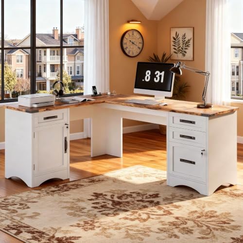 Decofy 67" Farmhouse L Shaped Standing Desk with Drawers Home Office Executive Desks with Fast Charging Station, Lockable File Cabinet, Wood Writing Computer Desk for Work, Study, White by Decofy