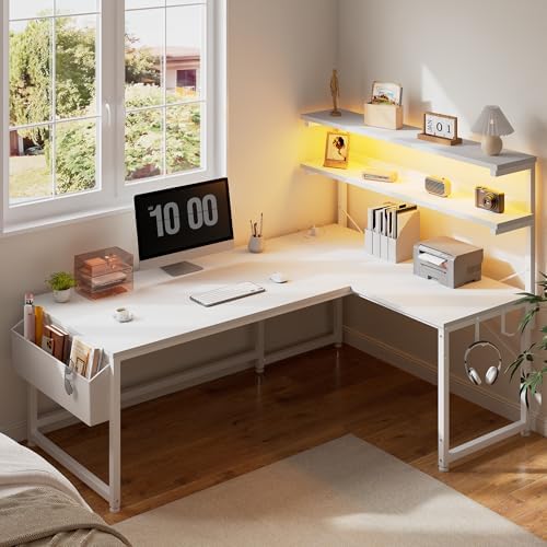 DurayLoly White L Shaped Desk with LED Light & 5 Power Outlet for Gaming - Image 2
