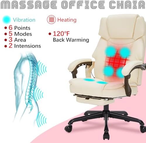 Massage Office Chair with Foot Rest 6 Points Vibration and Heat Home Office Desk Chairs for Heavy People 400lbs Reclining Managerial Chairs Ergonomic Executive Chair (Cream) - Image 3