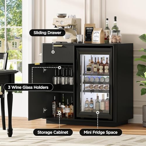 Vabches Mini Fridge Cabinet, Coffee Bar Cabinet with Fridge Space, Black - Image 4