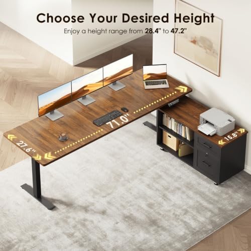 OffiGo 71" L Shaped Electric Standing Desk with Cabinet Sets, Walnut/Black - Image 4