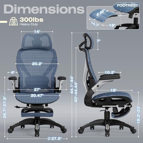 ELABEST X100 Ergonomic Mesh Office Chair with Footrest, Big and Tall Home Desk Chair with 5D Flip-Up Arms, Adjustable 3D Lumbar Support, Gaming & Executive Computer Chair (Oaxaca Blue) - Image 2