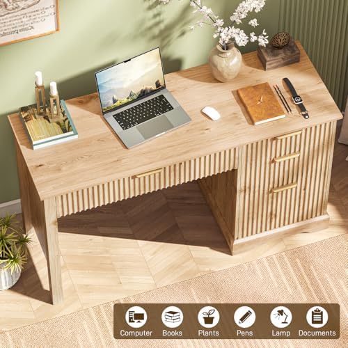 Vabches Fluted Executive Desk with Drawers, Wood Computer Desk with Ample File Drawer, Home Office Desk with Storage for Study, Bedroom, Living Room, Oak - Image 5