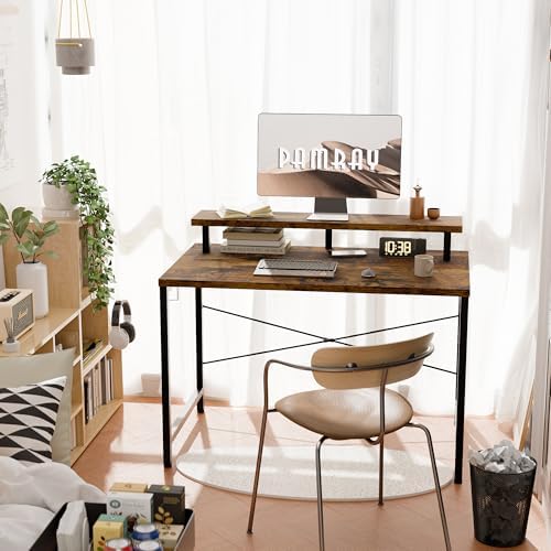 Pamray 32 Inch Small Computer Desk with Monitor Stand, Simple Office Desk with Headphone Hook for Small Spaces, Kids Study Writing Table for Bedroom, Vintage - Image 2