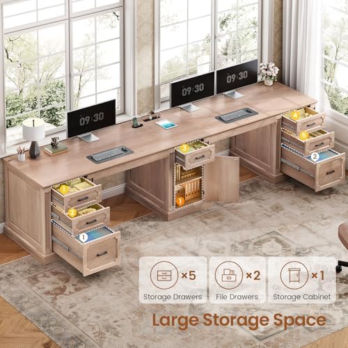 SEDETA Farmhouse 110.3" Two Person Desk with 7 Drawers, Long Computer Desk with Storage Cabinet, 2 Person Desk with Power Outlets for Home Office, Oak - Image 3