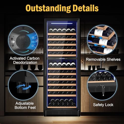 FoMup Wine Fridge Dual Zone, Freestanding Wine Cooler Refrigerator 180 Bottles Large Capacity with Sliding Rail Wooden Shelves and Door Lock, Black - Image 5