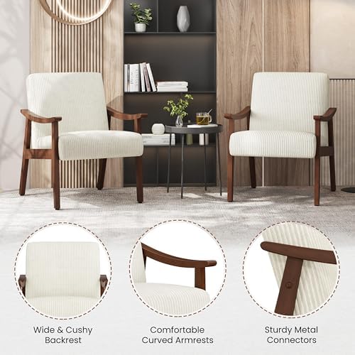 Yaheetech Accent Chairs, Mid-Century Corduroy Fabric Armchairs, Beige - Image 6