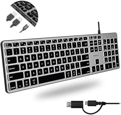 Macally Wired Keyboard for Mac with USB Hub (2X USB-A / 1x USB-C) - Compatible Backlit Apple Keyboard with Dual Interface - Auto OS Detection for Mac, MacBook Pro/Air, iMac, PC, Android, iPad, iOS by Macally