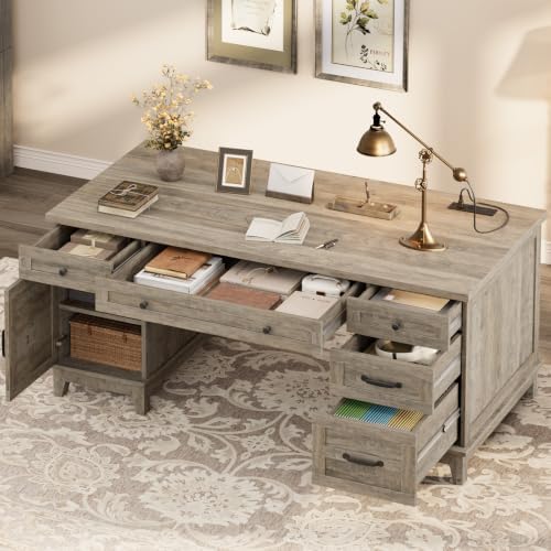 GarveeHome Farmhouse Executive Desk with File Drawers, 60 in Home Office Desk with Charging Station, Wooden Computer Desk with Cabinet Storage for Work Study Writing, Rustic Gray by GarveeHome
