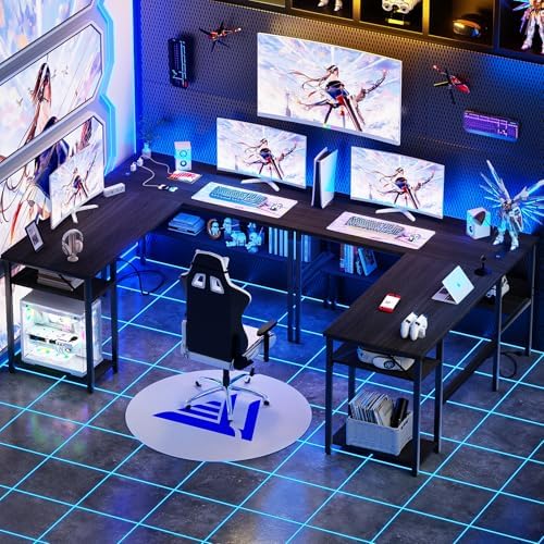 Unikito Reversible L Shaped Desk with Magic Power Outlets and USB Charging Ports, Sturdy Corner Computer Desk with Storage Shelves, Gaming Table Home Office Desk, Easy to Assemble, Enoch Walnut - Image 2