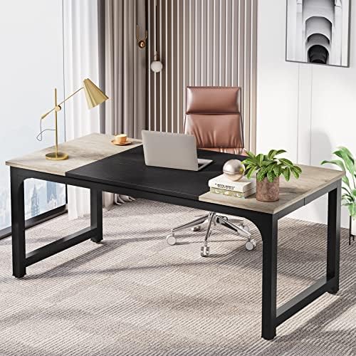 LITTLE TREE 70.8 Inch X-Large Executive Computer Office Desk, Grey+Black - Image 2