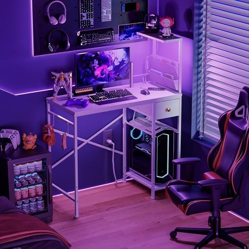 Jakyitvi 33.7" Computer Desk with Power Outlets, LED Lights & Drawer, Small Office Desk with Storage Bag & Hooks, Gaming Desk for Bedrooms or Home Office, Compact Study Desk for Small Spaces，White - Image 2