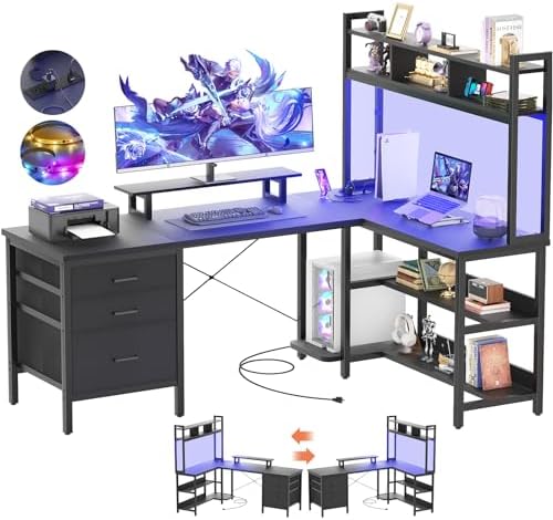 Aheaplus L Shaped Desk with Hutch, Gaming Desk with Led Lights, Reversible Computer Desk with Power Outlet, Corner Desk with File Drawer & Monitor Stand, Storage Shelves for Home Office, Black by Aheaplus
