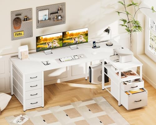 Coleshome 63 Inch L Shaped Office Desk with 6 Drawers, Power Outlet, White - Image 2