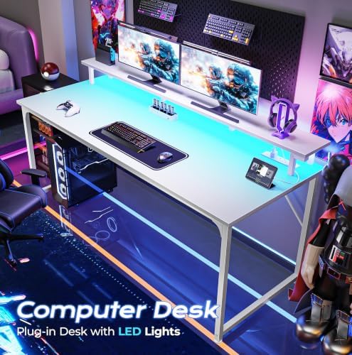 PRAISUN 55 inch Gaming Desk, LED & Power Outlets, Monitor Stand, White - Image 4
