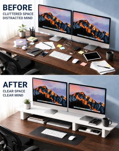 Aothia 43 in White Dual Monitor Stand, Monitor Riser for Desk, Solid Wood - Image 3