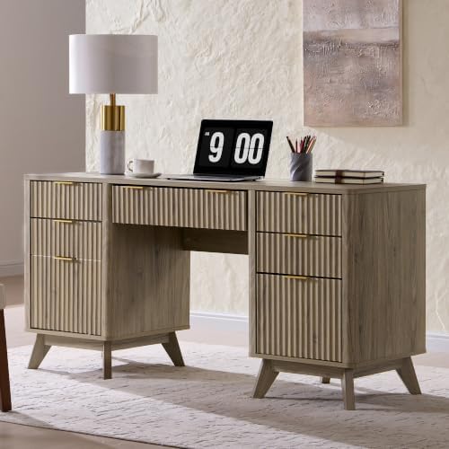 T4TREAM 60" Modern Fluted Executive Desk with Drawers, Alder Grey by T4TREAMFurniture