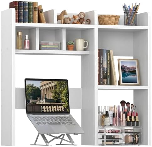 NUTIKAS Desk Hutch White Desktop Bookshelf Shelf - 30 Inch Computer Desk Organizer for Dorm Room, Wood Storage Rack for Home Office Desktop Display Shelves, Small Bookcase for Top of Desk by NUTIKAS
