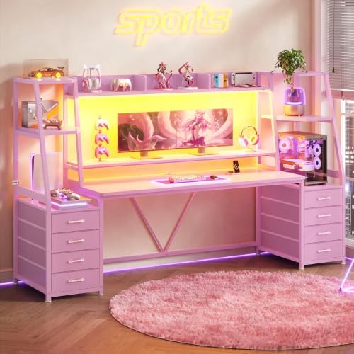 SEDETA 79'' Gaming Desk with LED Lights,8 Drawers and Storage Shelves, Pink - Image 3
