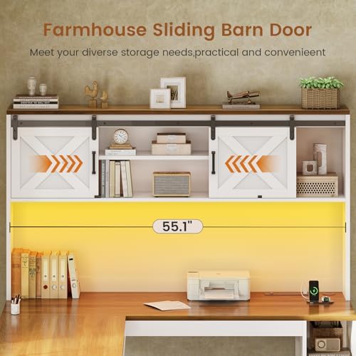 SEDETA 67" Farmhouse L Shaped Desk with Hutch, White+Brown - Image 4