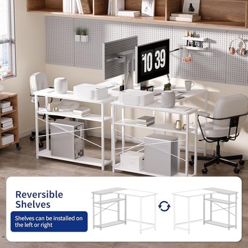 Pamray 43 Inch L Shaped Computer Desk with Reversible Side Storage Shelves, Small Corner Desk for Small Space Home Office,Writing Study Table PC Desk for Bedroom,White - Image 6