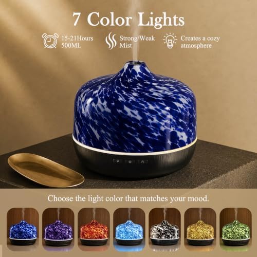 Porseme 500ml Glass Essential Oil Diffuser Aromatherapy Ultrasonic Cool Mist Humidifier 15-21 Running Hours Waterless Auto-Off Air Diffusers for Sleeping Yoga Working Spa(Pongo) - Image 3