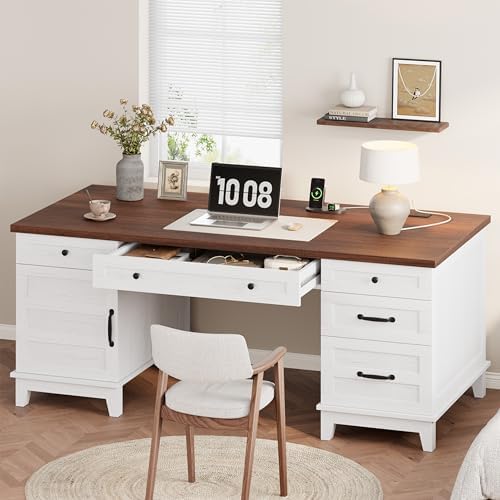 60" Executive Desk with Power Outlet, Home Office Desk with Drawers, Wooden Work Desk with File Cabinet, Computer Desk for Work, Study, Writing, White and Brown by SLEKVERSA