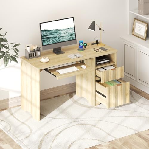 Bestier Computer Desk with Drawer, 55 inch Office Desk with Power Outlet, Modern Home Office Desk with Keyboard Tray (Natual Oak, 55" W with Single-Sided Drawers) - Image 4