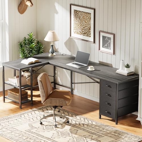 Huuger 63 Inch L Shaped Desk with Fabric Drawers, Reversible Computer Gaming Desk with Power Outlets and USB-C Port, Adjustable Side Storage Shelves, for Work Study Corner Home Office, Grey - Image 6