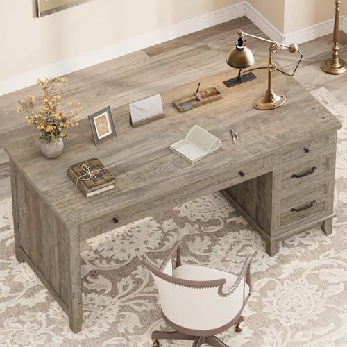 Garvee 53.5" Wooden Home Office Desk with File Drawers, Executive Desk with Power Outlet, Farmhouse Wood Desk with Storage, Distressed Study and Work Table, Rustic Grey - Image 3
