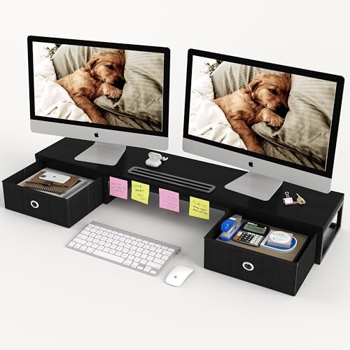 39 Inch Dual Monitor Stand Riser with 2 Drawers - Large Black Wooden Computer Stand for 2 Monitors, Ergonomic Desk Organizer with Phone Holder, Desktop Storage for Laptop, Office Supplies, Home Office by Mexin