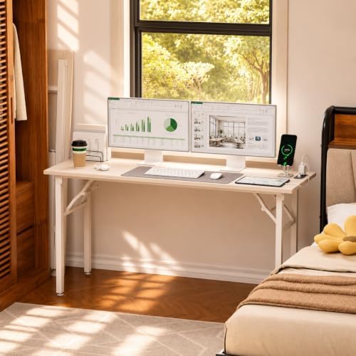Folding Table Computer Desk - 55.1" No Assembly Folding Desk with Power Outlets & USB Charging Port, Small Desk, Foldable Office Desk, Compact Storage Portable Use for Small Space, White Ash - Image 2
