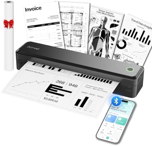 A8 Portable Thermal Printer, Wireless Bluetooth Inkless Printer for Travel, Supports 8.5" x 11" US Letter and A4 Thermal Paper, Compatible with iPhone, Android, Windows, Mac (Black) by Arrvel