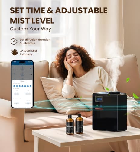 Waterless Essential Oil Diffuser with 2 x 100ML Oils, 5000 Sq.Ft Whole House Scent Machine, 200ml Cold Air Fragrance Diffuser with Bluetooth App Control for Home Hotel Office, Black - Image 2