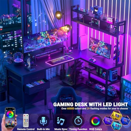 Aheaplus L Shaped Desk with Hutch, Gaming Desk with Led Lights, Reversible Computer Desk with Power Outlet, Corner Desk with File Drawer & Monitor Stand, Storage Shelves for Home Office, Black - Image 3