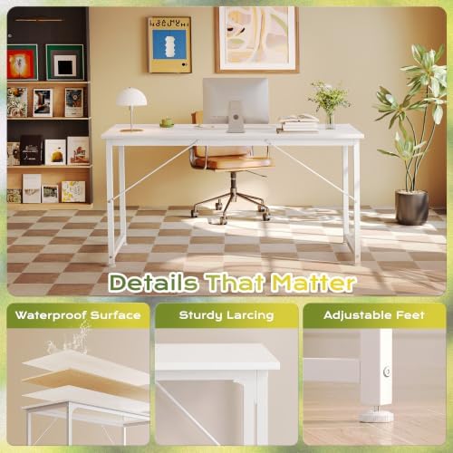 PRAISUN 63 Inch Computer Desk, Office Desk, Spacious Desktop, White - Image 6