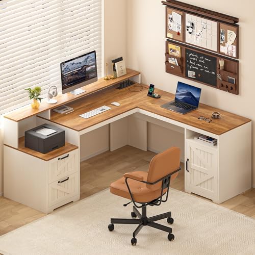 63" Farmhouse L Shaped Desk with Drawers & Printer Shelf for Home Office by YomiluveDesign
