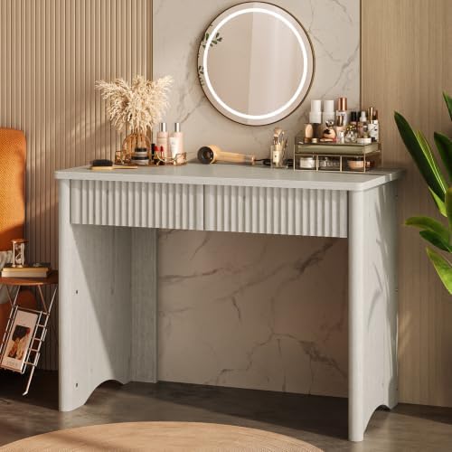 Bestier White Oak 40 Inch Fluted Home Office Desk with 2 Drawers for Study - Image 2