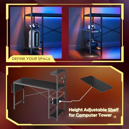 Bestier Gaming Desk with LED Lights, 51.3 Inch Computer Desk with 4 Tiers Reversible Shelves, Home Office Writing Desk with Side Storage Bag, Hooks and Height Adjustable Shelf (Black Grained) - Image 6