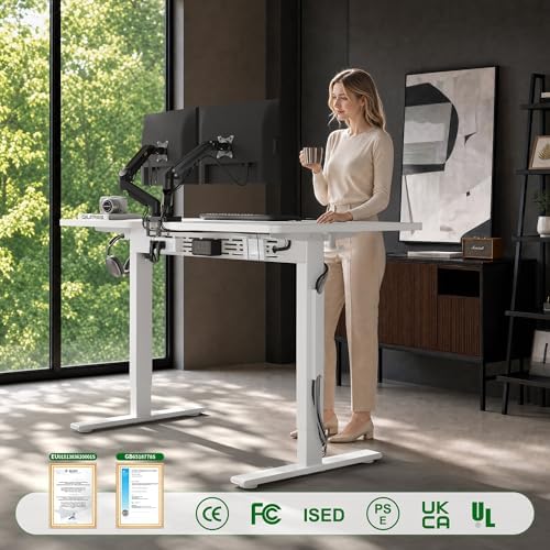 FEZIBO Electric Standing Desk with L-Shaped Crossbar & Cable Management System, 48 x 24 Inches Sit Stand up Desk, Adjustable Height Standing Desk for Home Office, White - Image 3